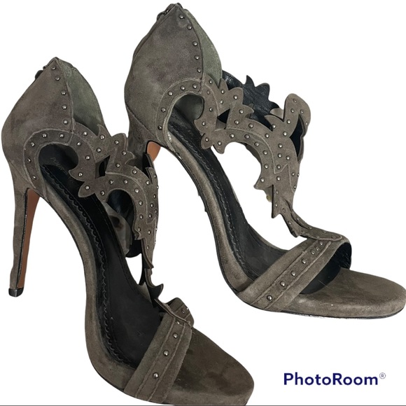 POUR LA VICTOIRE Vassy Studded Suede Heel Sandals Charcoal Grey 6.5 - Picture 4 of 16